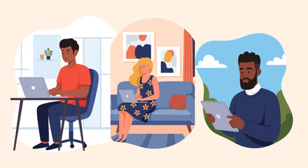 Diverse individuals engaging in remote work and digital tasks from various settings: home, office, and outdoors. Flexible lifestyle and modern productivity.