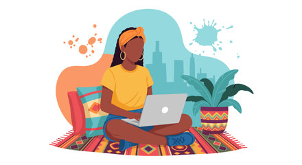 Young Black woman working on laptop in a cozy, colorful home setting, representing remote work, freelance, or online education.