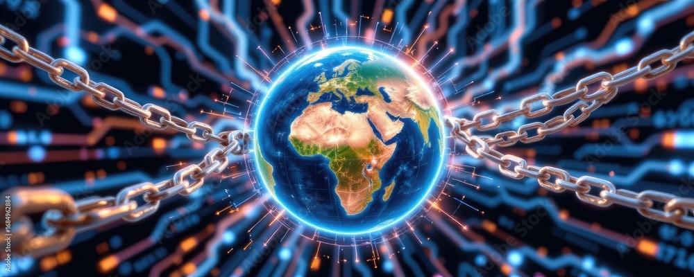 Poster digital connections and global networking concept represented by earth surrounded by chains and data