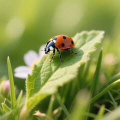 Fototapeta premium Ladybug on the grass close-up macro.created with the help of artificial intelligence.
