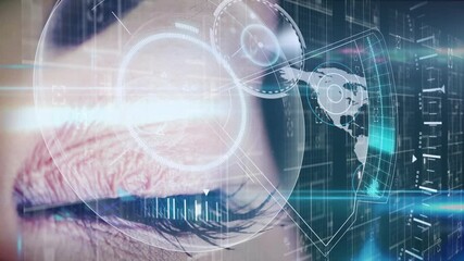 Animation of data processing over female eye - Powered by Adobe