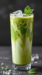 Refreshing Green Matcha Beverage with Ice and Mint on Dark Background, Perfect for Healthy Lifestyle Enthusiasts