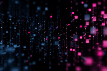 Obraz premium Dark background, pixelated black and blue squares, white lines, pink highlights, digital data visualization 
