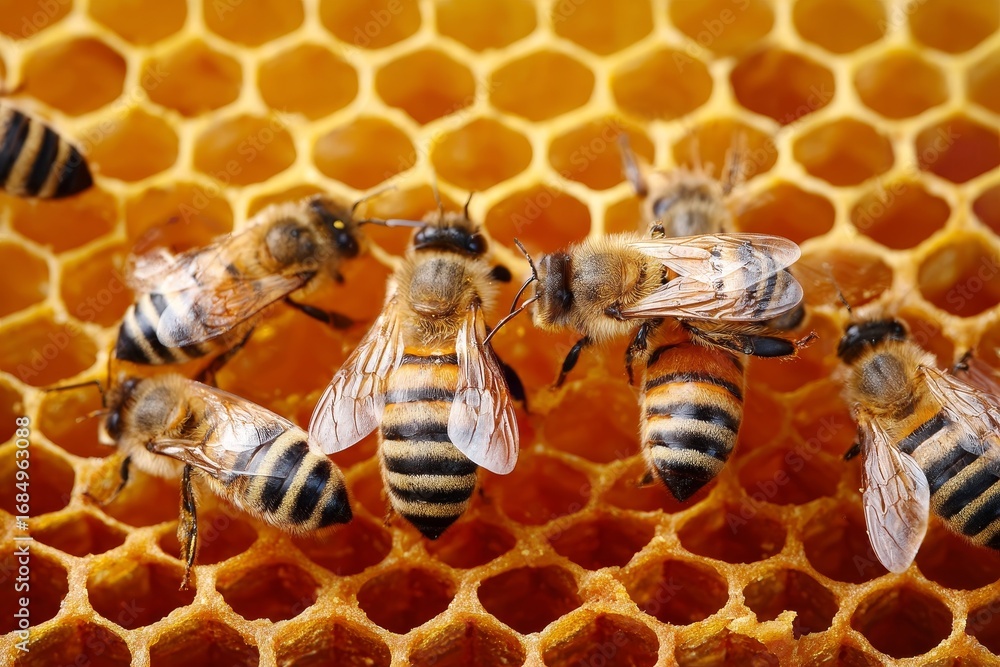 Poster honeybees collecting nectar and pollen while building hexagonal wax cells in their natural hive