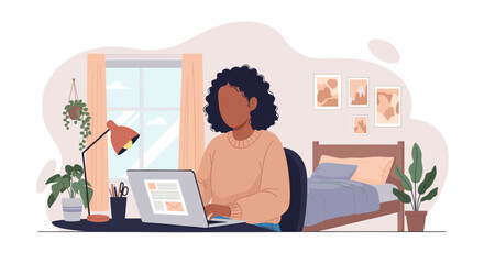 Young woman comfortably working from home on her laptop in a cozy bedroom setup. Ideal for remote work, online learning, or freelance lifestyle.