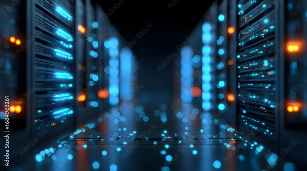 Poster server room with illuminated data storage units