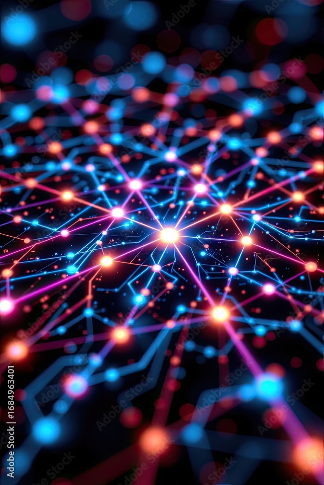 Poster abstract network of colorful light points connecting lines on dark background for digital and techno