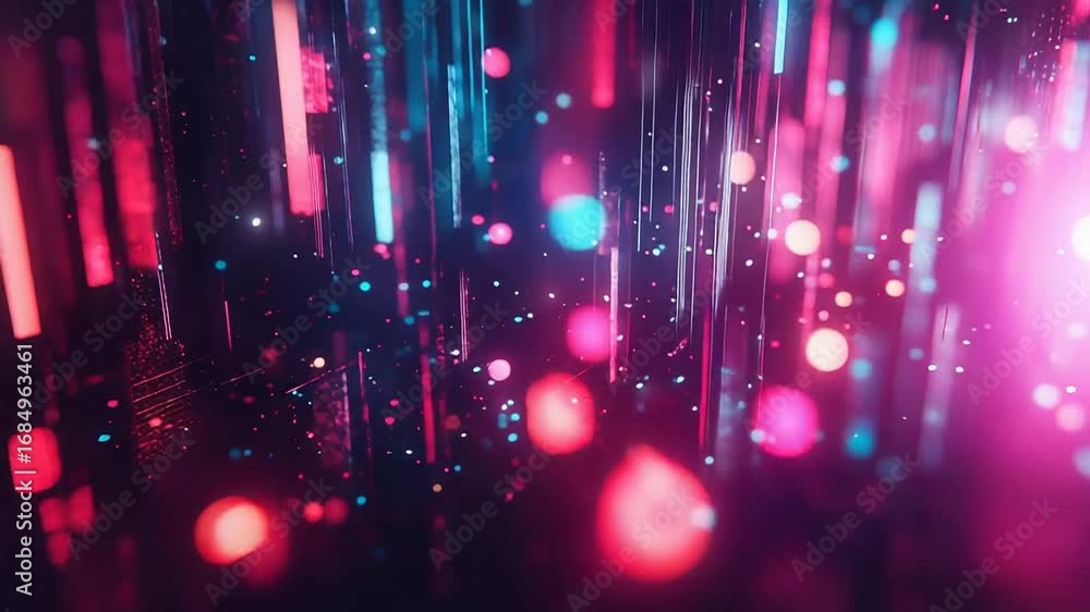 Poster pink and blue vertical lines falling with floating particles background