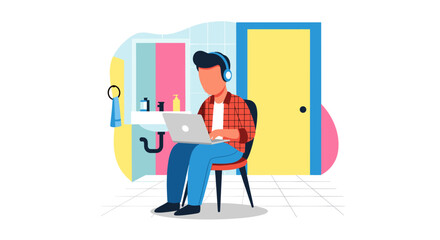 Person with headphones focused on a laptop in a domestic setting, symbolizing remote work, online learning, or digital nomad lifestyle. Ideal for business, technology, or lifestyle concepts.