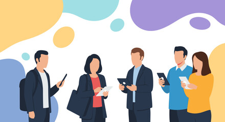 Modern professionals interacting with smartphones and tablets. Depicts digital communication, networking, technology, and contemporary business lifestyle.