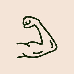 Minimalist line art of a flexed muscular bicep arm, symbolizing strength, power, fitness, health, bodybuilding, masculinity, and motivation. Strong arm flex icon is drawn in a clean outline style 