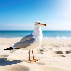 Fototapeta premium Seagull on a sandy beach under a clear sky