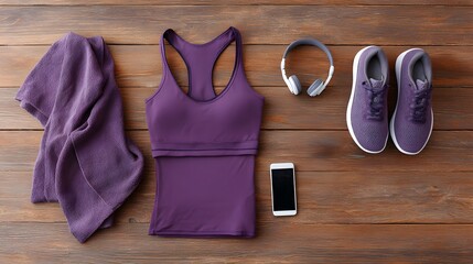 Flat Lay of Coordinated Purple Fitness Gear — Athletic Shoes, Tank Top, Towel, Headphones and Smartphone for Stylish Workout Lifestyle