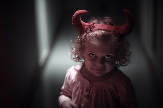 A small child in a red devil horn headband looks up from a dark hallway under moody low light. Closeup portrait highlights curly hair, intense eyes and eerie costume details in shadow.