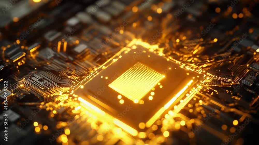 Poster quantum computing processor sending glowing signals through circuit board