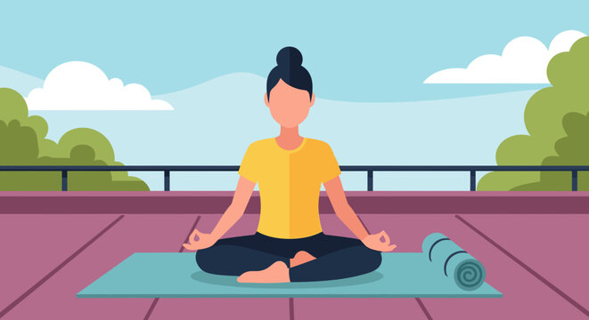 A calm woman meditates outdoors in a serene lotus pose on a yoga mat, promoting wellness, mindfulness, and healthy lifestyle practices. Ideal for themes of relaxation, fitness, and inner peace.