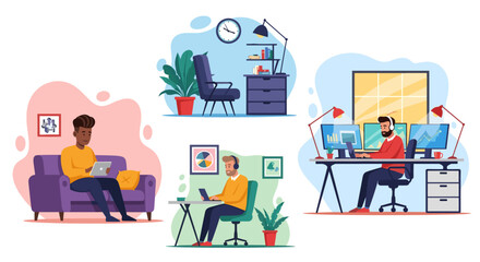 People engaged in remote work, online learning, and digital tasks from various home environments. Illustrates modern professional flexibility and connectivity.