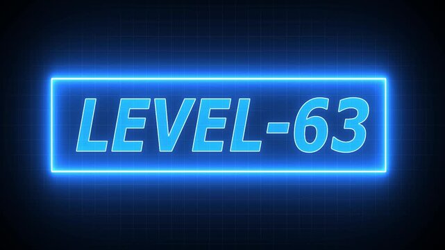 level 63 neon bright text font colorful 4k video animation. Neon level up sign and upper Level . next Level text animation. next level neon title Laser vintage effect Infinite loop able.