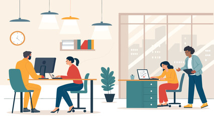 Diverse team of professionals collaborating in a modern office, working on computers. Depicts business operations, productivity, and teamwork in a corporate environment.