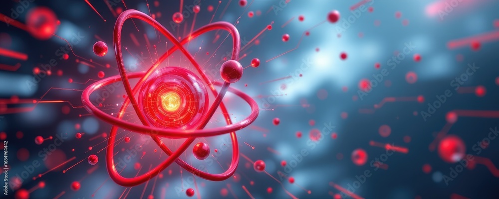 Poster red atomic structure with energetic particles in a science concept illustration for technology and p