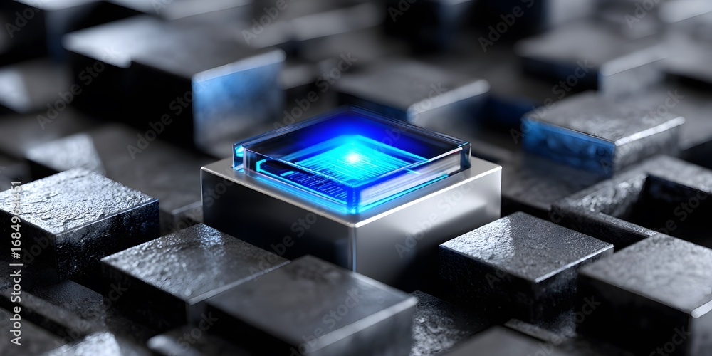 Poster a glowing blue cube surrounded by dark metallic blocks, symbolizing advanced technology or data proc