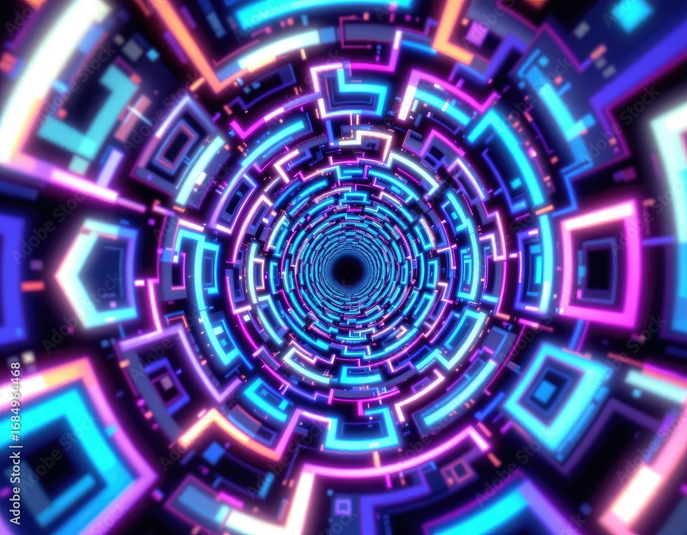 Poster abstract digital tunnel with neon colors and geometric patterns, depth perspective, futuristic vibes