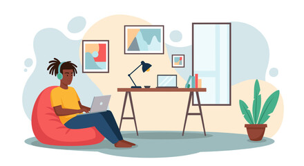Young person works remotely on laptop from a comfortable home office, enjoying a flexible lifestyle. Ideal for remote work, online learning, or modern living concepts.