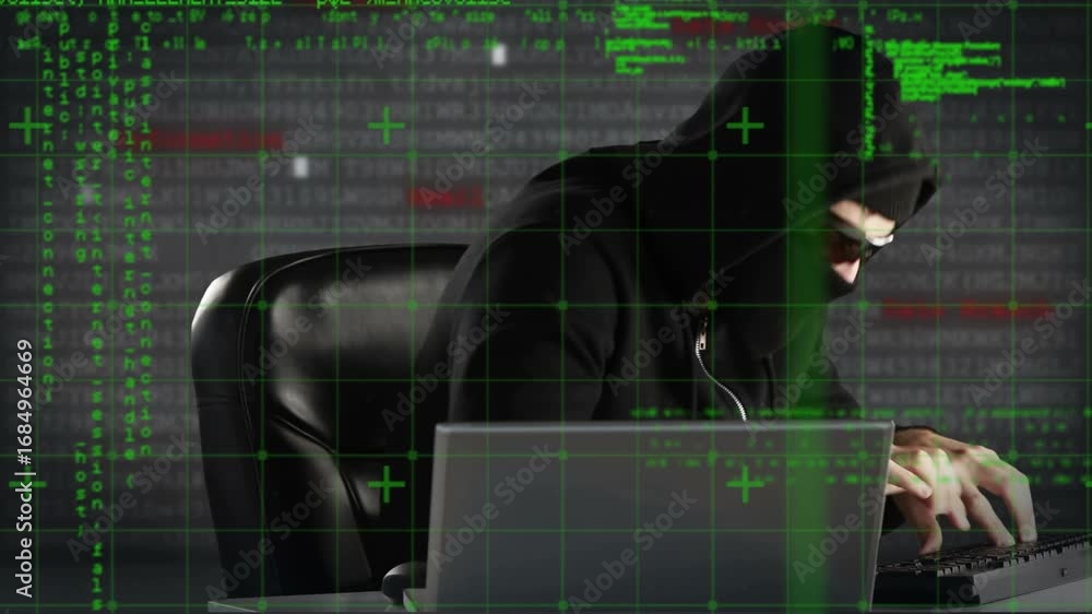 Poster animation of data processing over caucasian male hacker using laptop