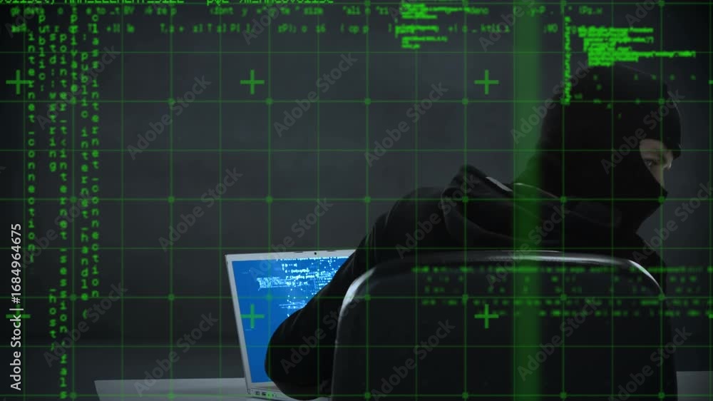 Poster animation of data processing over caucasian male hacker using laptop