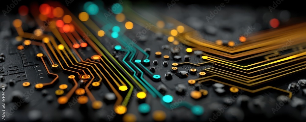 Poster close-up visual of colorful circuits on an electronic printed circuit board