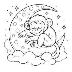 Cute Monkey Sleeping on Crescent Moon – Black and White Line Art Illustration