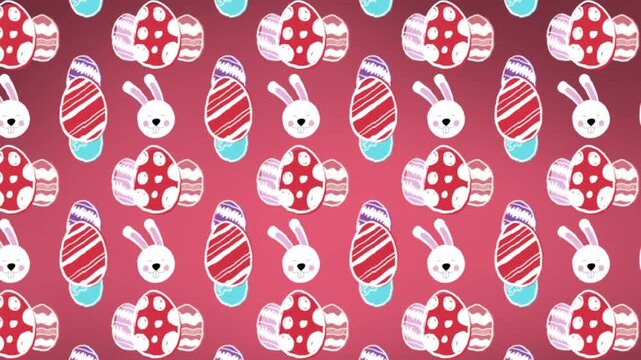 Animation of falling white bunnies and eggs over pink background