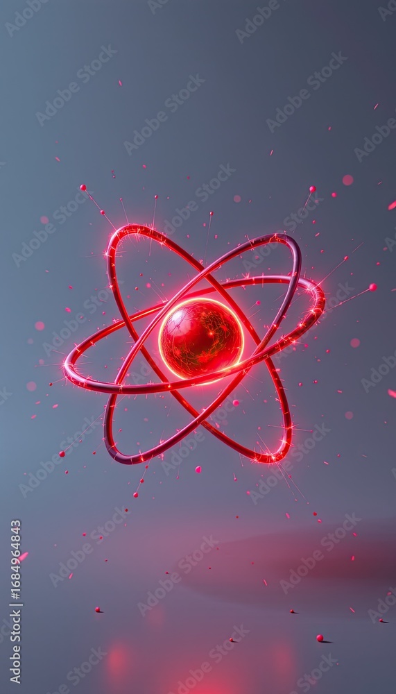 Poster futuristic abstract visualization of an atom with bright red energy sparks on a soft gray background