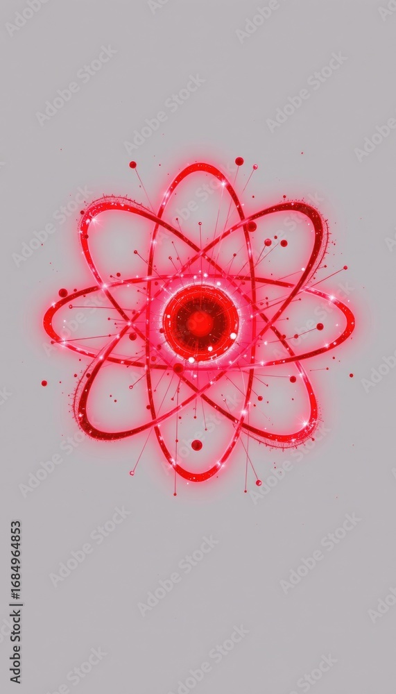 Poster abstract digital art design of a red atom symbolizing energy and innovation in science and technolog