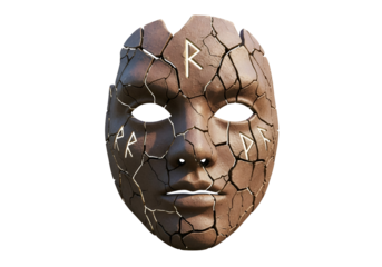 A weathered, cracked mask, adorned with ancient runes, casts a somber mood against a stark black backdrop.