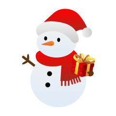 Snowman holding a Christmas gift. Vector illustration