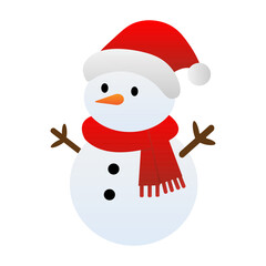 Cute snowman in Santa hat and scarf. Vector illustration
