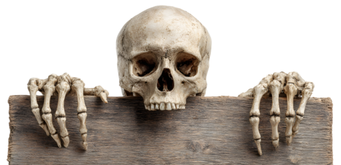 Skeleton with wooden plaqu in hands, skull and bone ingers for october autumn cary halloween design and ystery halloween night