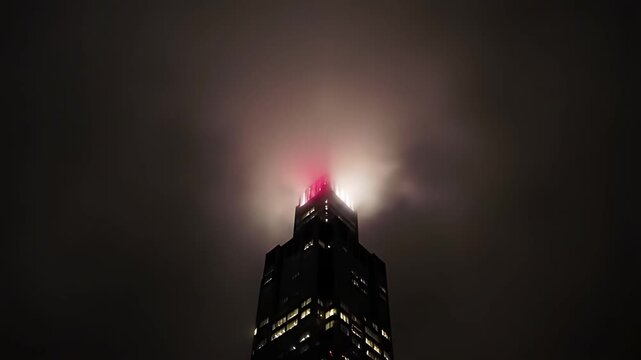 Skyscraper aircraft warning lights blink in synchronized rhythm through thick nocturnal fog, a mesmerizing urban beacon.