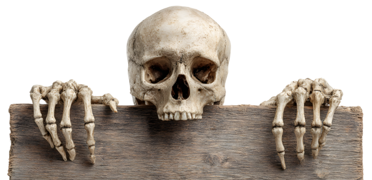 Skeleton with wooden plaqu in hands, skull and bone ingers for october autumn cary halloween design and ystery halloween night