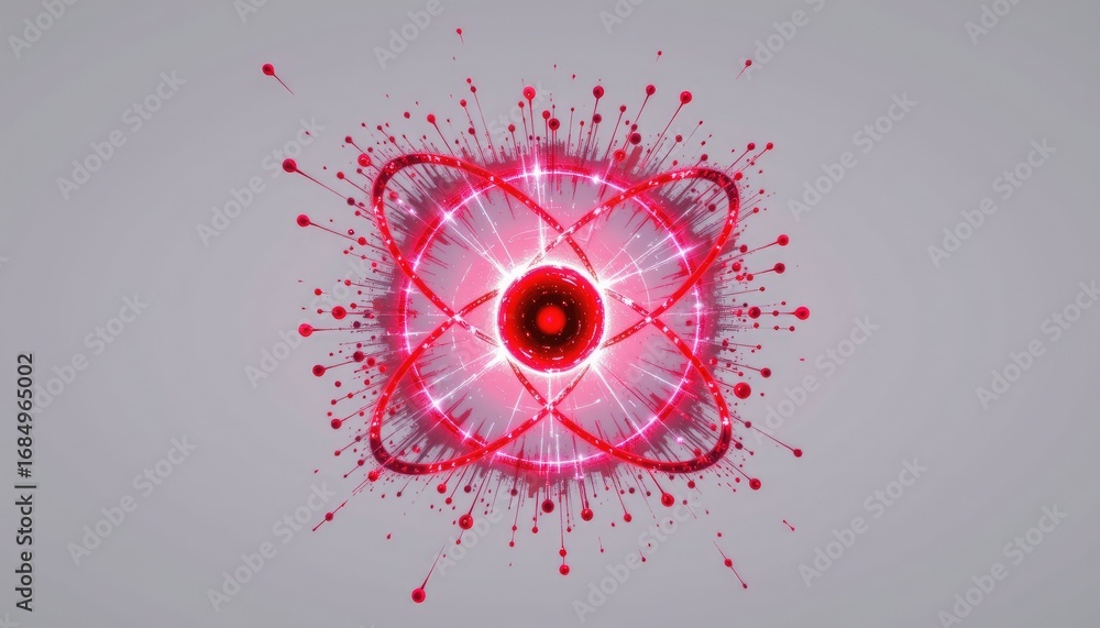 Poster abstract representation of an atom with red particles and glowing effects for science and technology