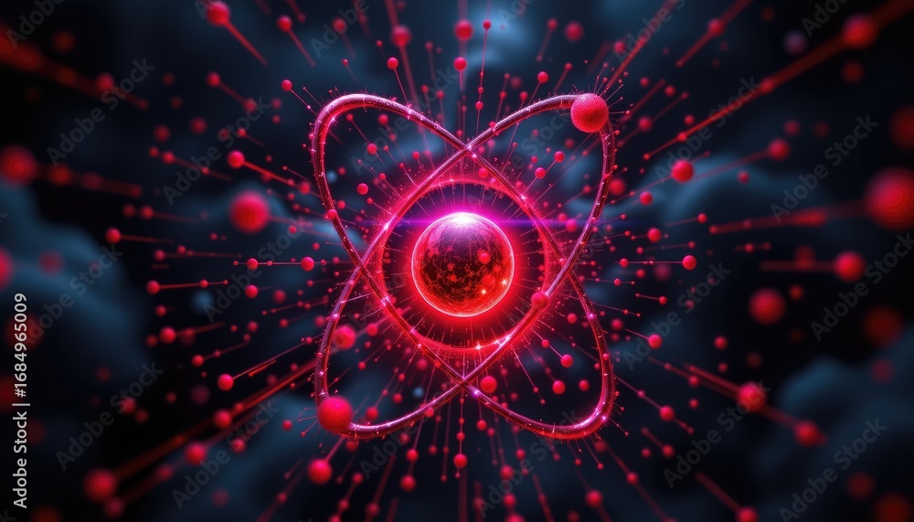 Poster vibrant red atomic structure with energetic particles in dark background for science and technology 
