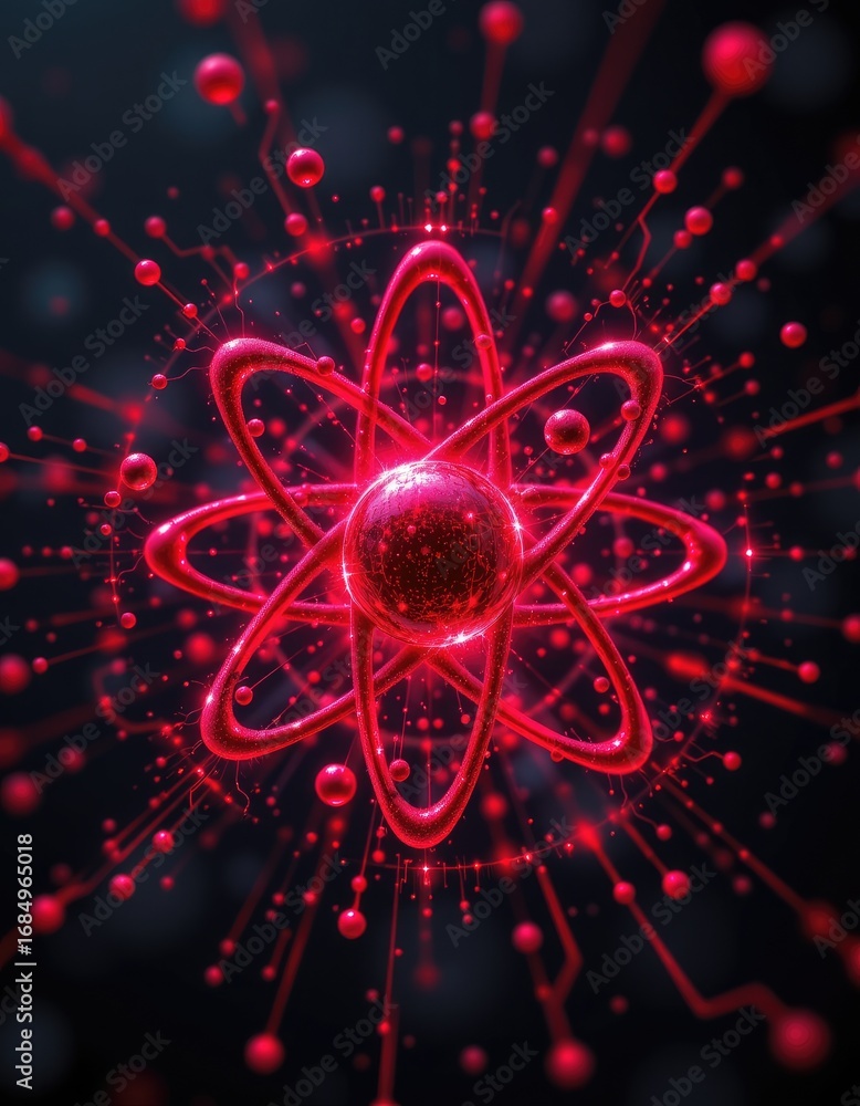 Poster vibrant red atomic model with electrons, energy lines and dynamic visual effects in dark background