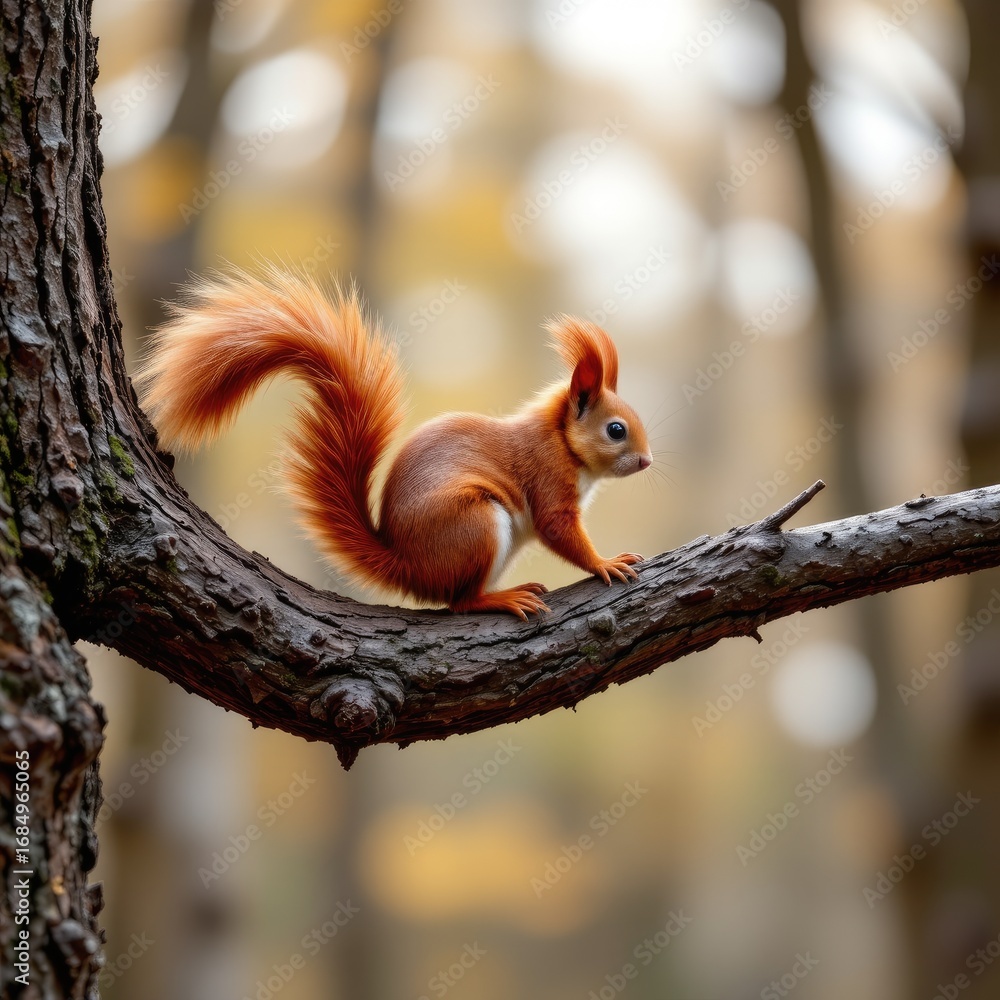 Poster cute squirrel sitting on tree branch in vibrant autumn forest with colorful leaves and soft sunlight