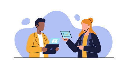 Two business professionals collaborate, analyzing data on tablets. Concept of business growth, communication, and technological partnership.