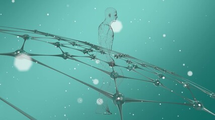 Animation of human body model and grid over blue background - Powered by Adobe