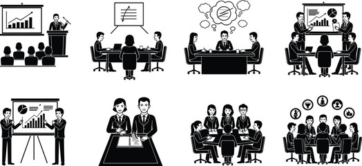 Business meeting illustrations, corporate teamwork, office presentation graphics, strategy discussion icons, professional collaboration scenes for project planning and marketing