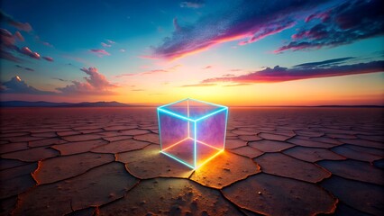 Neon cube glows on cracked earth at sunset, symbolizing innovation in desolate landscape