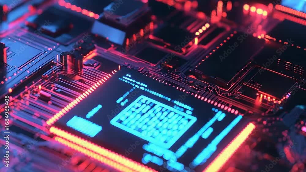 Poster cpu processing data on motherboard with futuristic lighting