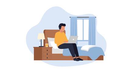 Man working remotely from home in bed with laptop and headphones, enjoying comfort and flexibility. Ideal for remote work, online education, or modern lifestyle.